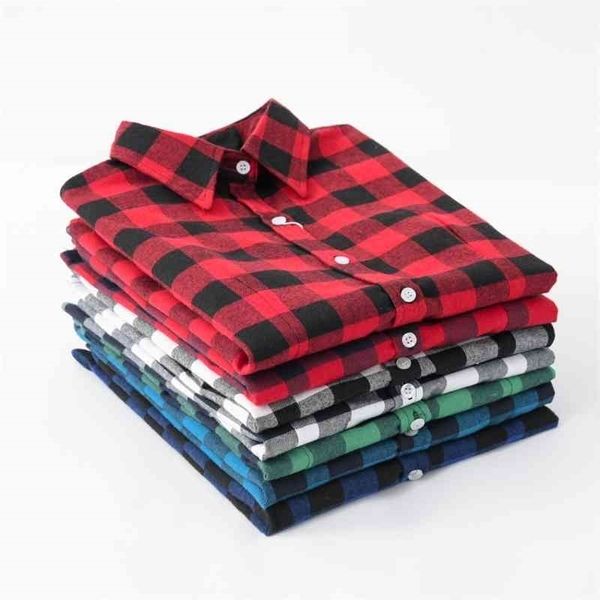 Neue Marke Frauen Blusen Langarm Shirts Baumwolle Rot Schwarz Flanell Kariertes Hemd Casual Weibliche Plus Größe Bluse Tops Kleidung 210410