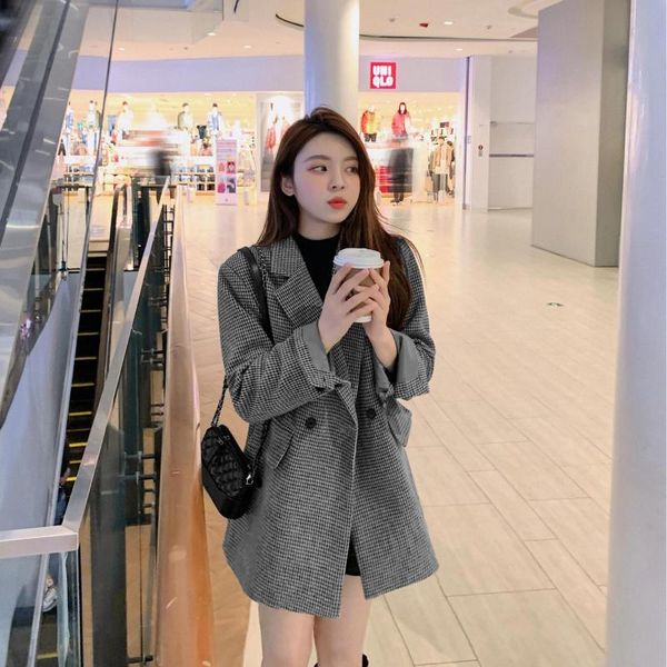 

women's suits & blazers 2021 autumn winter vintage houndstooth woolen blazer jackets for women double breasted belted female outwear wi, White;black