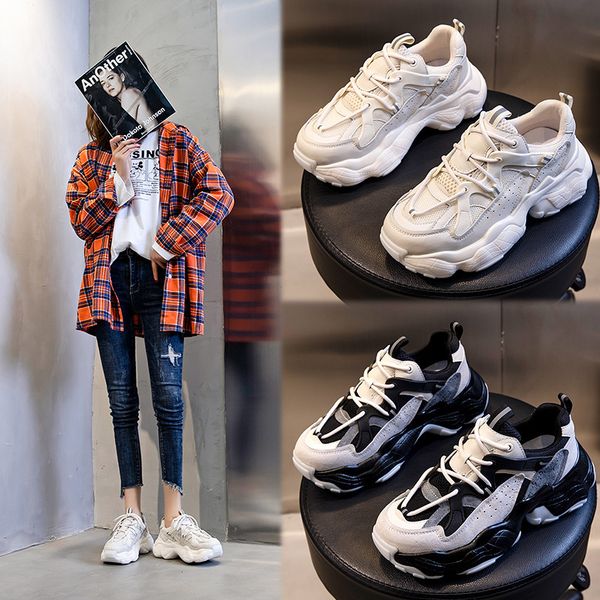 

film bottom sports shoes women's spring 2021 leisure running breathable leather increased thick soled dad's, Black;white