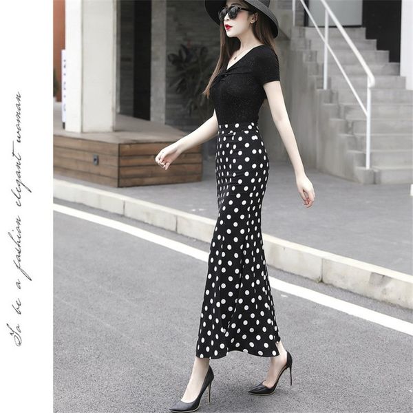

polka dot fishtail skirt summer and autumn package hip long skirts casual street wear mermaid chiffon, Black