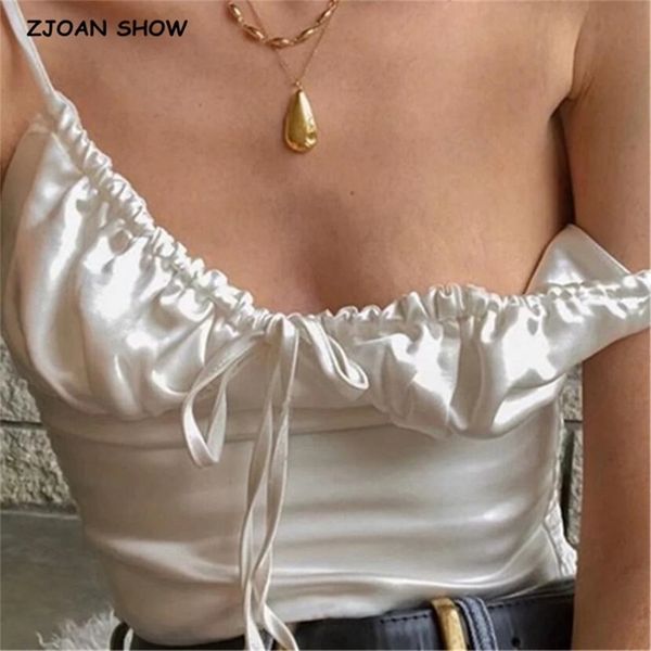

like silk lacing up v neckline camis streetwear women summer ruched short tank retro cool girl slim crop tees 210429, White