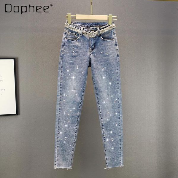 

spring european drilling blue jeans women's high-waisted slim pencil pants tight fitting denim