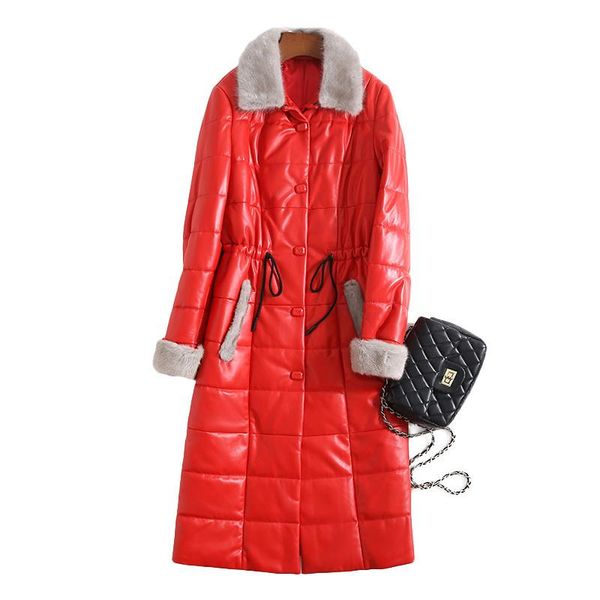 

women's leather & faux real sheepskin coat female winter collar duck down genuine jacket women black long montone 16830