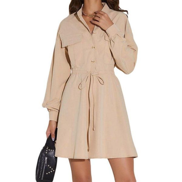 

casual dresses ladies temperament front button lapel dress spring autumn retro drawstring long sleeve, Black;gray