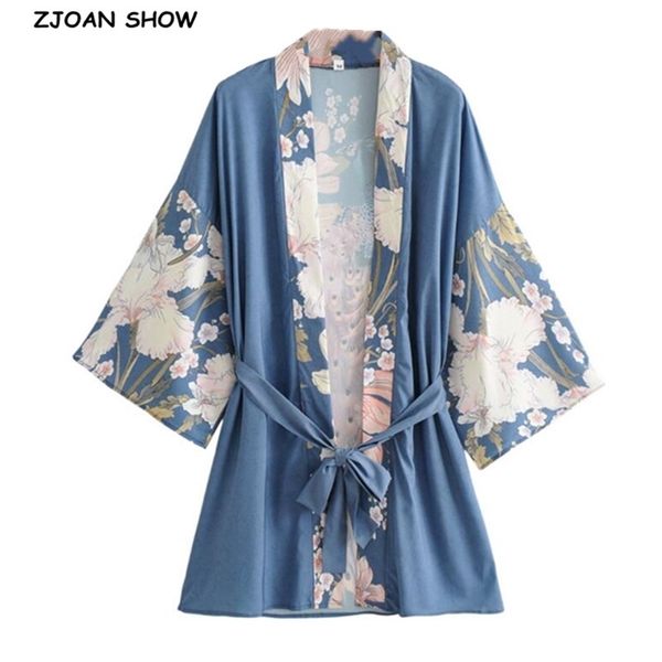 

bohemian v neck peacock flower print kimono shirt ethnic lacing up sashes middle long cardigan loose blouse femme 210429, White