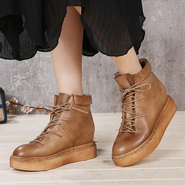 

boots platform shoes for women genuine leather lace-up lady ankle retro design factory female short booties footwear, Black