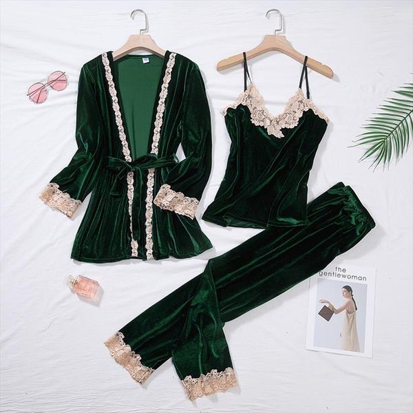 

green velour pajama suit 2pcs womens sleepwears robe nightgown set winter warm lace folwer kimono bathrobe gown  xl, Black;red