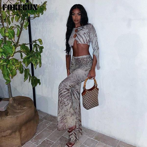 

women's two piece pants forerun set women fashion print long sleeve crop high waist wide leg with skirt fall tracksuit, White