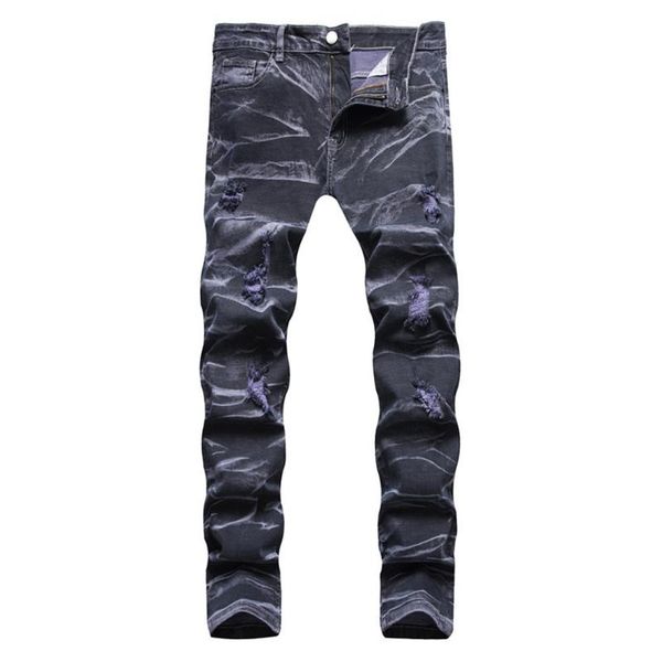 

men's jeans men tie dye purple stretch denim trendy holes ripped pants plus size slim straight trousers, Blue