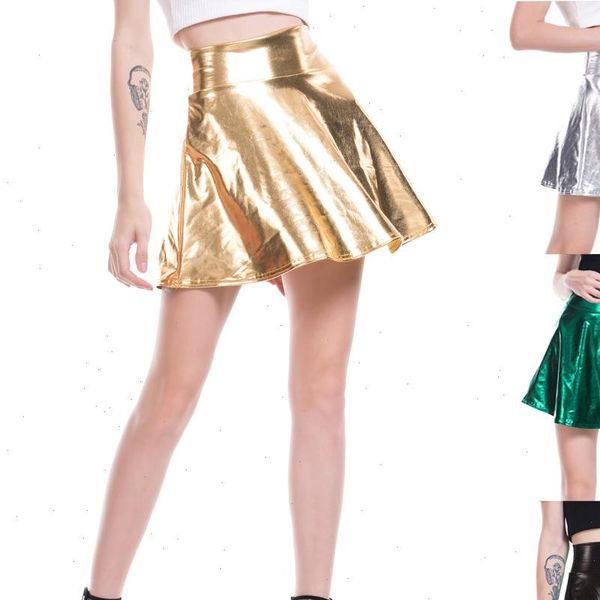 

women high waist womens skirts mini bright imitation leather above knee a line female casual pleated skirt green, Black