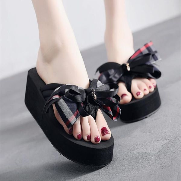 

slippers summer outdoor female korean fashion cute slope heel sandals temperament all-match sweet campus style bow flip-flops, Black