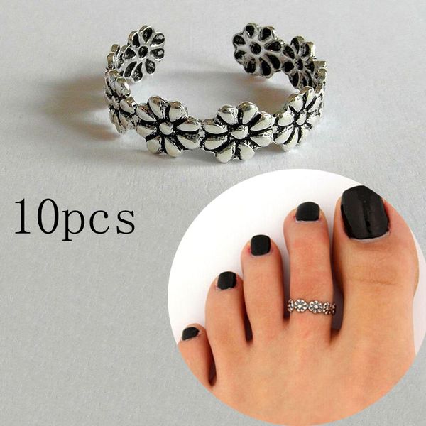 

10pcs summer retro daisy flower rings good luck feet ring beach foot ring toe unique feet rings for women, Silver