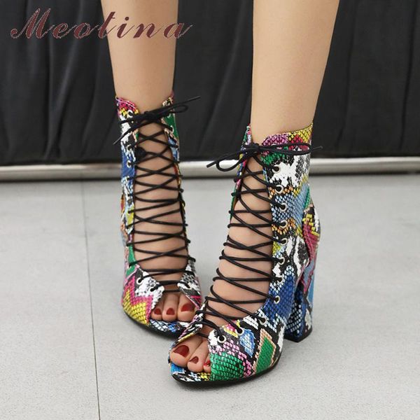 

boots meotina summer shoes women mixed colors chunky heels short lace up extreme high heel ladies large size 33-46, Black