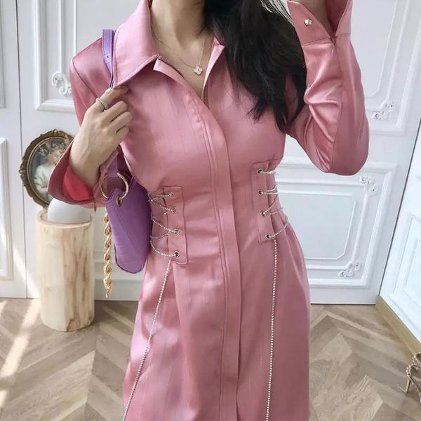 

casual dresses 2021 fashion style luxury women shirt split turn down collar long sleeve elegant styles ol satin robe, Black;gray