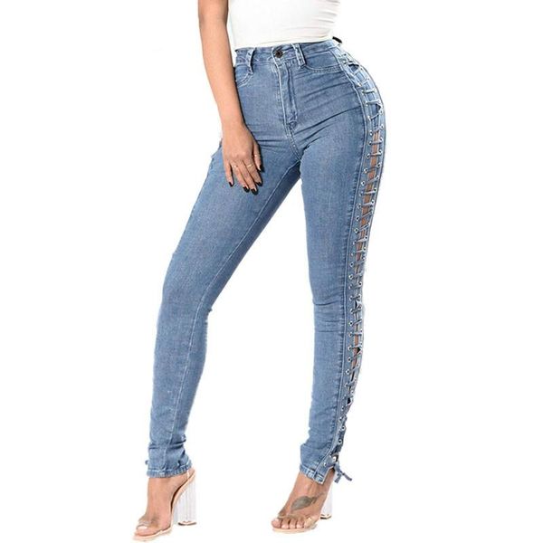 

women lace up jeans 2021 fashion ripped high waist skinny denim pencil pants side hollow out bodycon women's, Blue