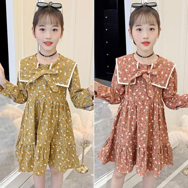 

girl's dresses girls autumn kids cotton brushed long sleeve square collar floral dress 3-12 years children clothes girl pincess, Red;yellow