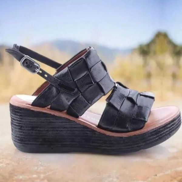 

sandals 2021 summer women fashion buckle strap knitting flat bottom slope heel comfortable elegant versatile, Black