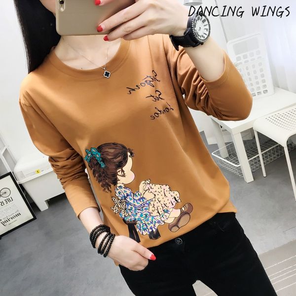 

skirts dancing wings spring cartoon printed cotton fabric long sleeve tshirt women plus size q07p, Black