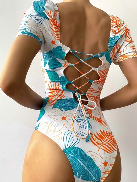 

tropical print lace up back one piece swimsuit h9a5#, White;black