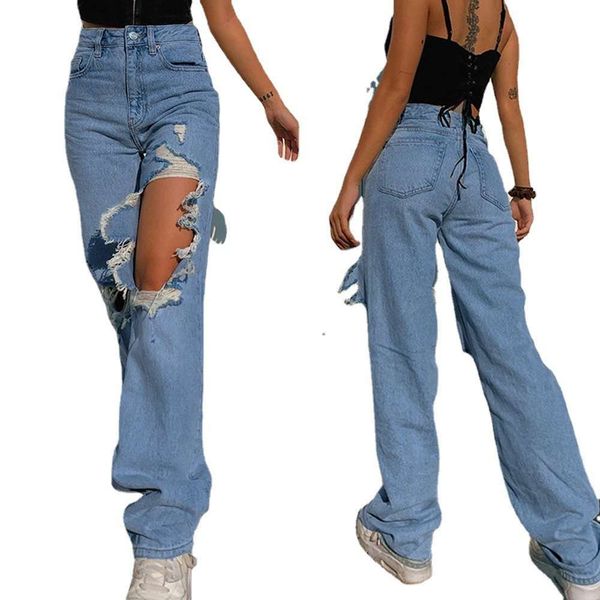 

autumn and winter large street pants holes show thin trousers women, Blue