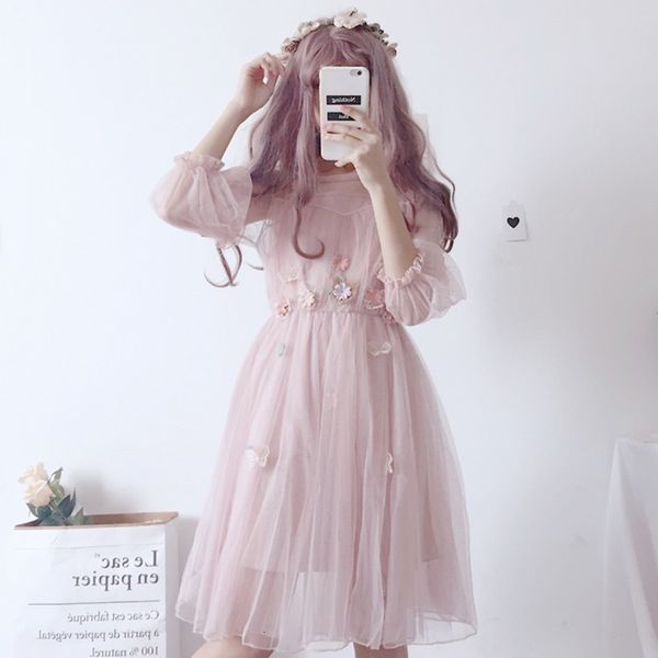 

summer japanese lolita lace soft kawaii floral vintage flowers women clothing sweet pleated femme two piece sets, Black;gray