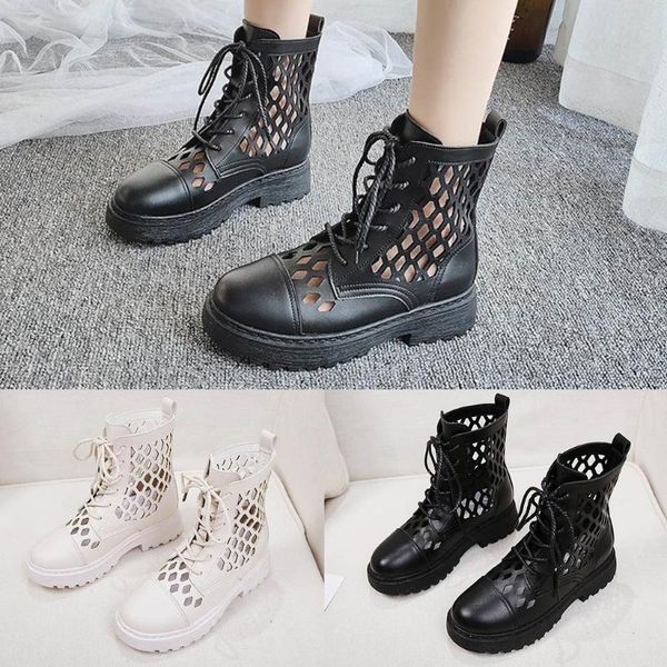 

boots fashion -boots lace-up british style sandals summer round toe leather women's flats slip-on shoes hollow #0813, Black