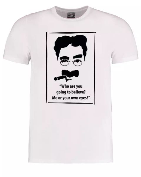 

groucho marx- believe me or your own eyes- men's sub t-shirt, White;black