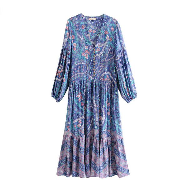 

casual dresses boho chic summer beach vintage floral print pleated long dress women 2021 fashion v neck buttons ladies femme vestidos, Black;gray