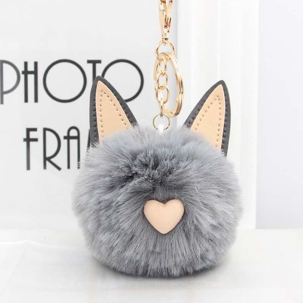 

keychains cute women's cat ears fur ball keychain pom bag purse car key holder fluffy golden keyring pendant llaveros, Silver