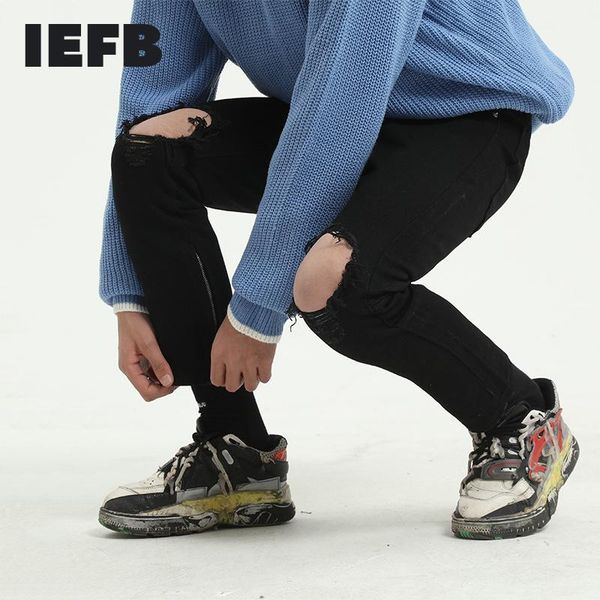 

men's jeans iefb clothing korean black slim leggings denim trousers knee hole fashion bottoms 2021 9y7790, Blue