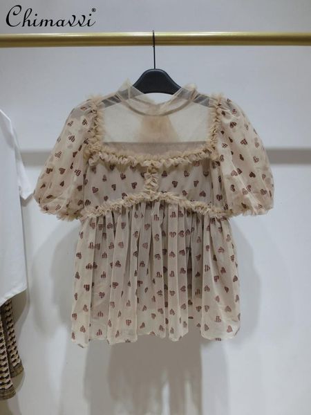 

women's blouses & shirts 2021 summer french style sweet love jacquard puff sleeve blouse all-match fairy lace stitching gauzy shirt, White