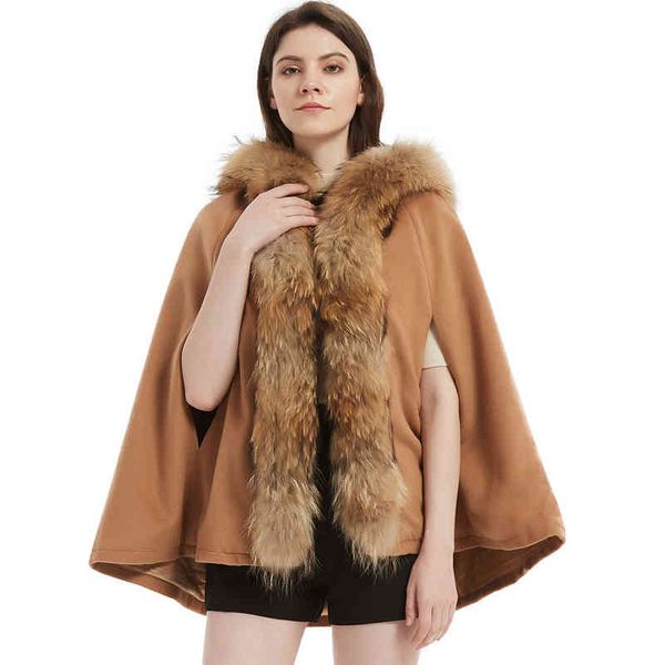 

women's cape maomaokong natural real raccoon fur collar removable woolen women coat cape outerwear streetwear autumn wool cloak qk, Black