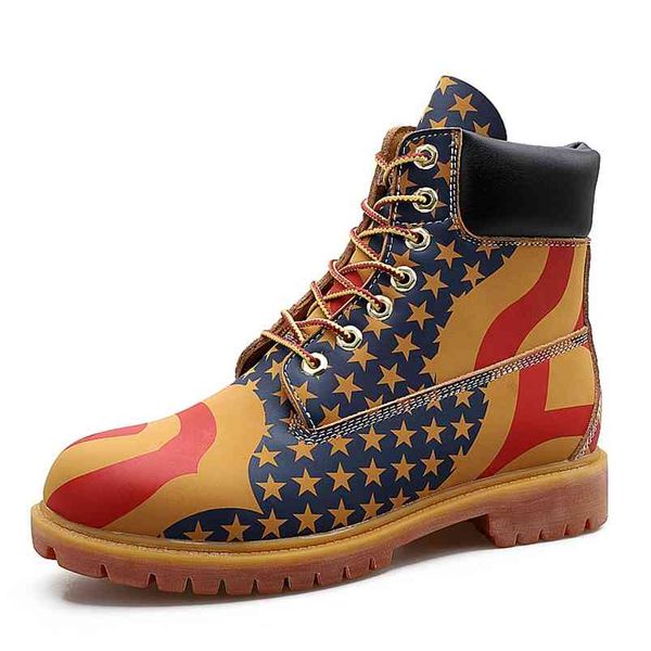 Winter Boots Men - Timber Leather Retro Punk Motorcycle Unique Camouflage Male High Quality Lace Up Fashion Shoes Drop 210820