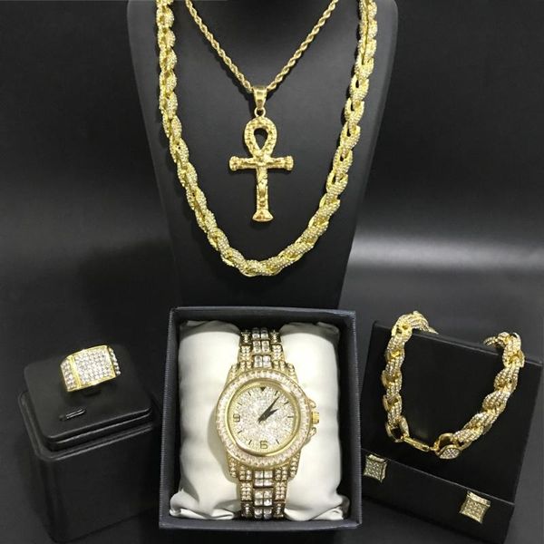 

earrings & necklace luxury men gold color watch neckalce braclete ring combo set out cuban jewerly in crystal for, Silver