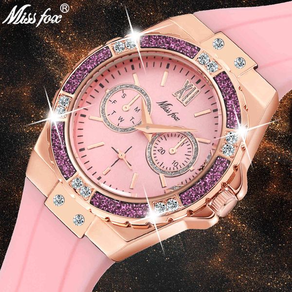 

missfox women luxury fashion 2019 diamond rose gold chronograph pink rubber band ladies watches quartz wristwatches new, Slivery;brown
