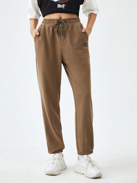 

1pc slogan graphic drawstring waist sweatpants h2e4#, Black