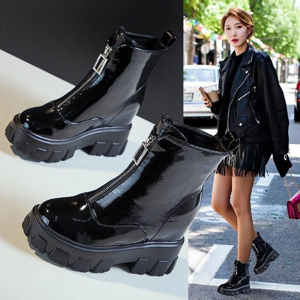 

boots fashion platform shoes women's punk style solid color ankle wedge motorcycle square low heel increa, Black