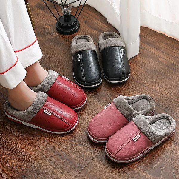 

couple slippers indoor leather winter waterproof warm home fur women slipper male platform shoes fluffy big sizes, Black