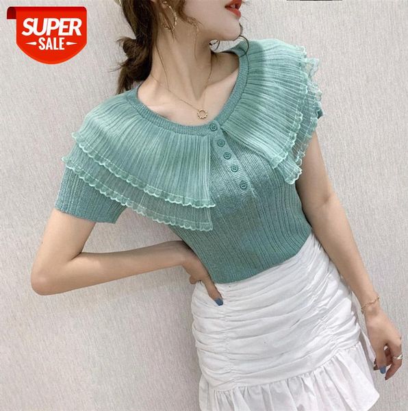 

ice silk knitted sweater, mesh splicing ruffled bright short-sleeved t-shirt, women's western style #ps2o, Black;gray