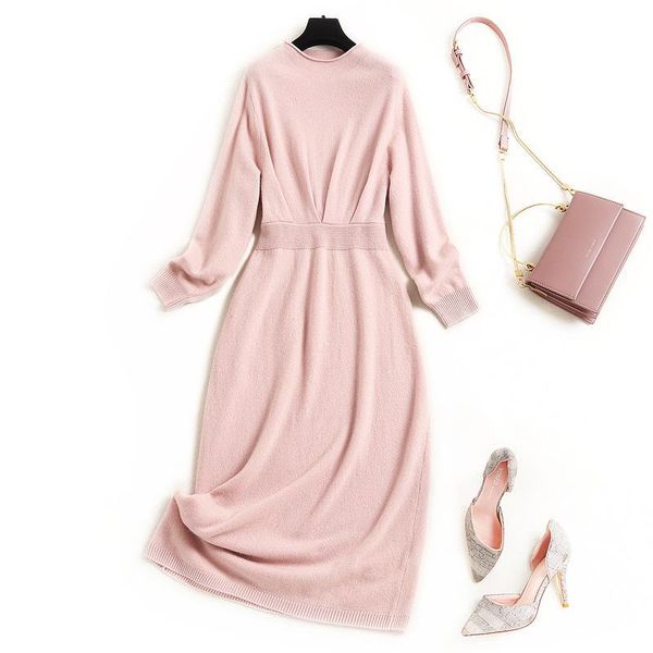 

casual dresses weiou] high end women's wool dress 2021 autumn round neck solid color waisted a-line 15400, Black;gray