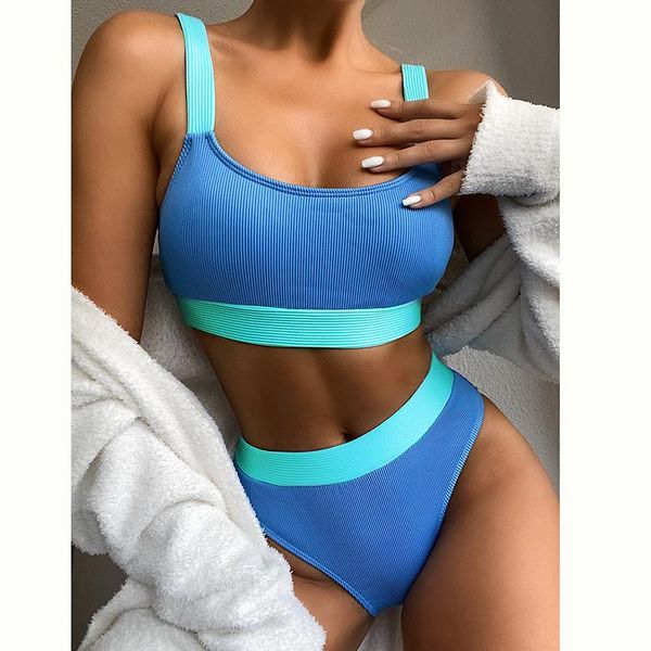 

women's swimwear contrast color swimsuit women high waist bikini set push up padded brazilian biquini blue beach bathing 2021, White;black