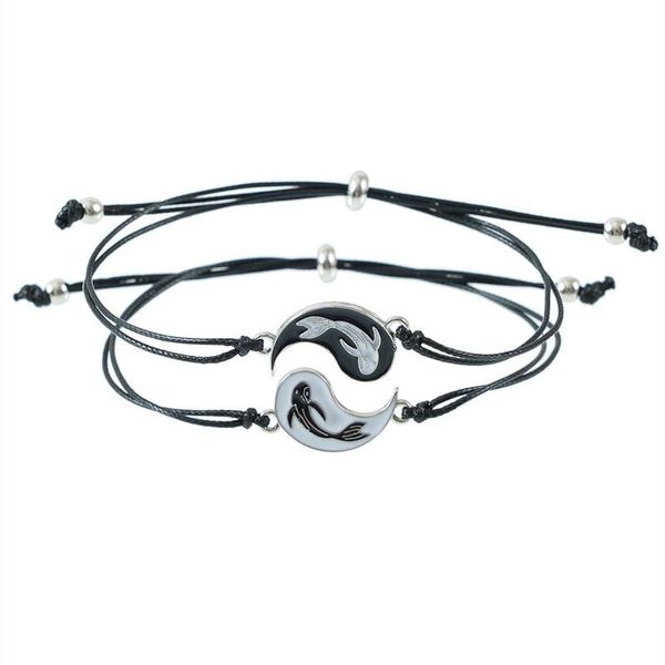 

charm bracelets 2pcs/set dripping oil tai chi yin yang fish braided couple bracelet women men adjustable friendship hand rope fashion jewelr, Golden;silver