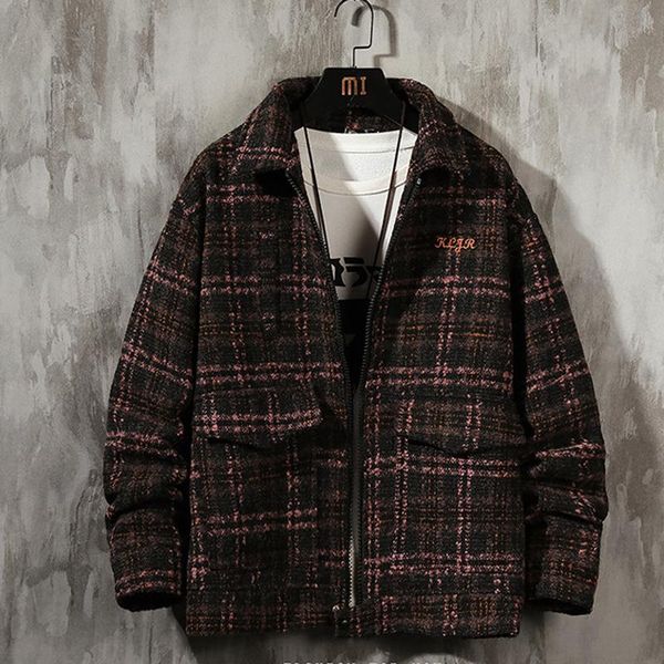 

men's wool & blends hzirip autumn and winter 2021 lapel loose woolen plaid embroidered oversize jacket thick coat double pockets chic, Black