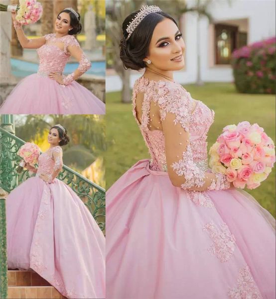Pink Quinceanera Kleider lange Ärmel Spitze Applique Perlen Tüll Satin Pailletten Juwelenausschnitt Süßes Festzug Prinzessin Ballkleid Vestido