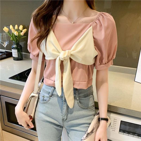 

women's blouses & shirts 2021 summer women casual slim short sleeve bow chiffon fashion style elegant office lady clothing, White