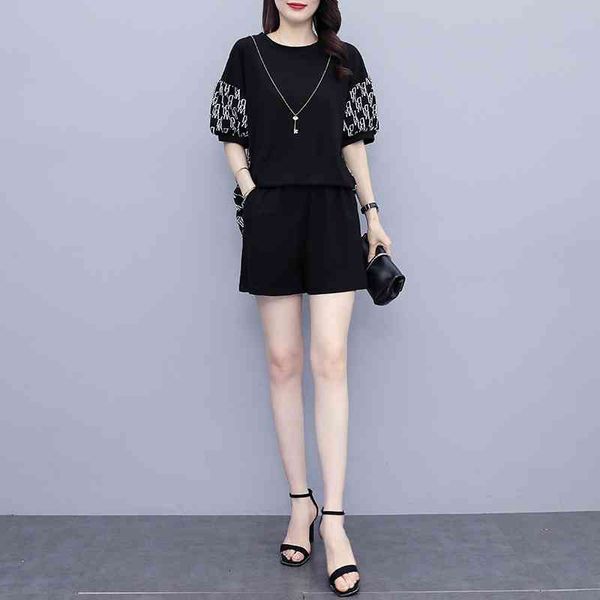 

summer elegant shorts sets women loose two piece set plus size short sleeve tunic printed + elastic waist outfits 210514, White
