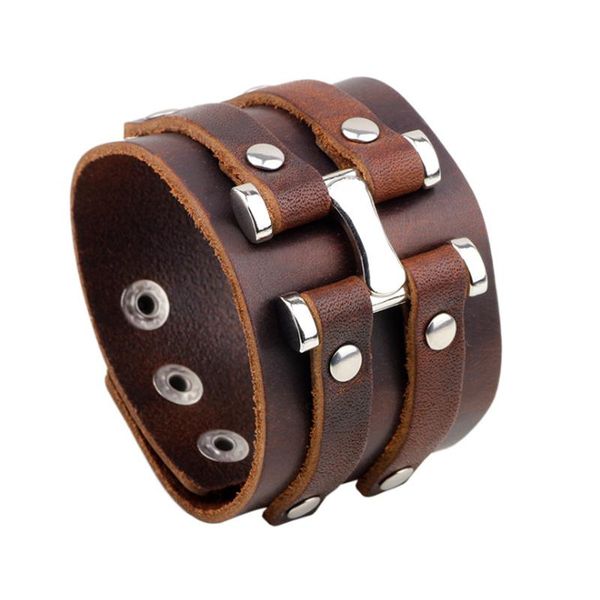 

tennis punk mens jewelry 100% real genuine leather cowhide black/brown rivet adjustable wristband metal buckle bracelets bangles, Golden;silver