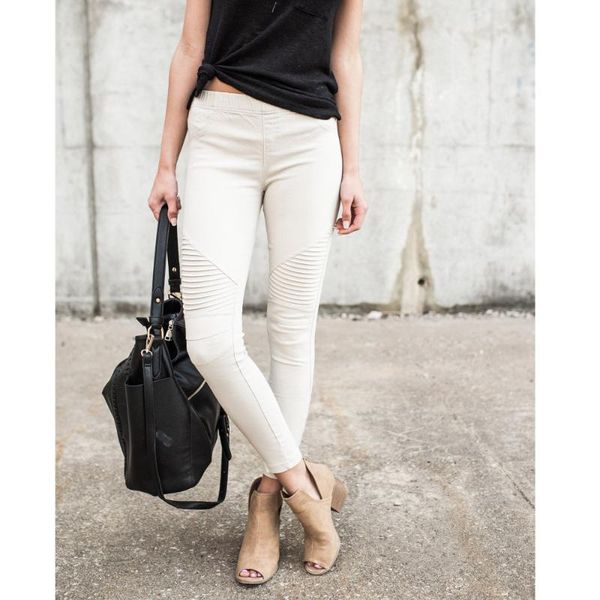 

white cotton women pencil pants stretch high waist hip-height skinny trousers fashion wrinkle decor feminine ankle length women's & cap, Black;white
