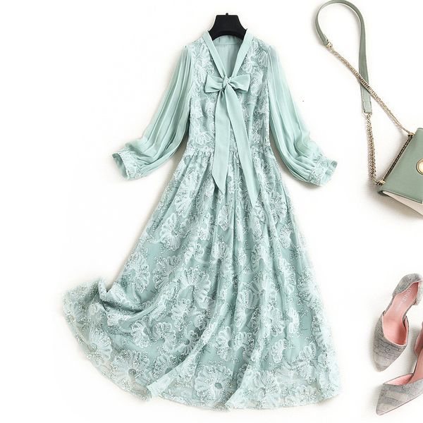 

mode female bow mesh embroidered spring robe aline midi dress, Black;gray