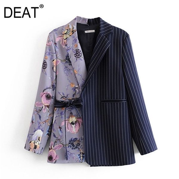 

[deat] women patchwork printed striped blazer lapel long sleeve loose fit jacket fashion spring autumn za3859 210527, White;black